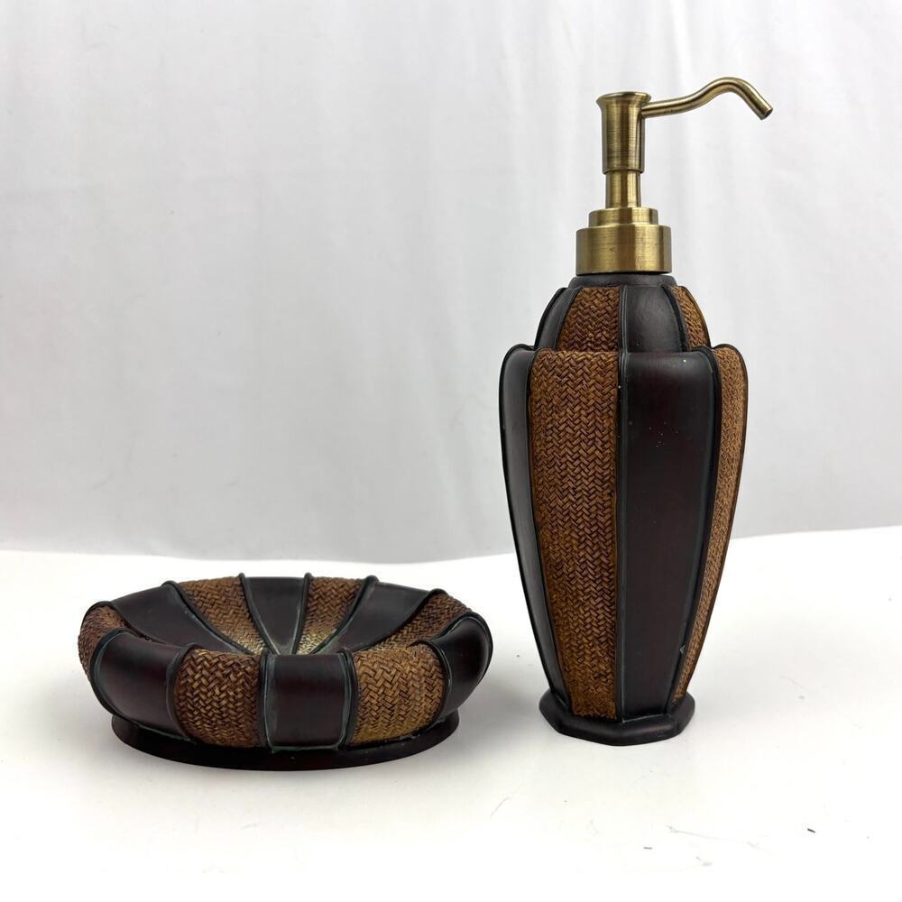 Set Bathroom Lotion Dispenser and Soap Holder Black Brown Home Decor‎